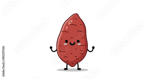 A cheerful and adorable cartoon sweet potato with a smiling face, arms, and legs stands happily on a white background, exuding joy.