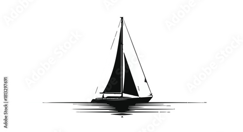 Elegant sailboat glides across calm water, casting a sleek reflection.