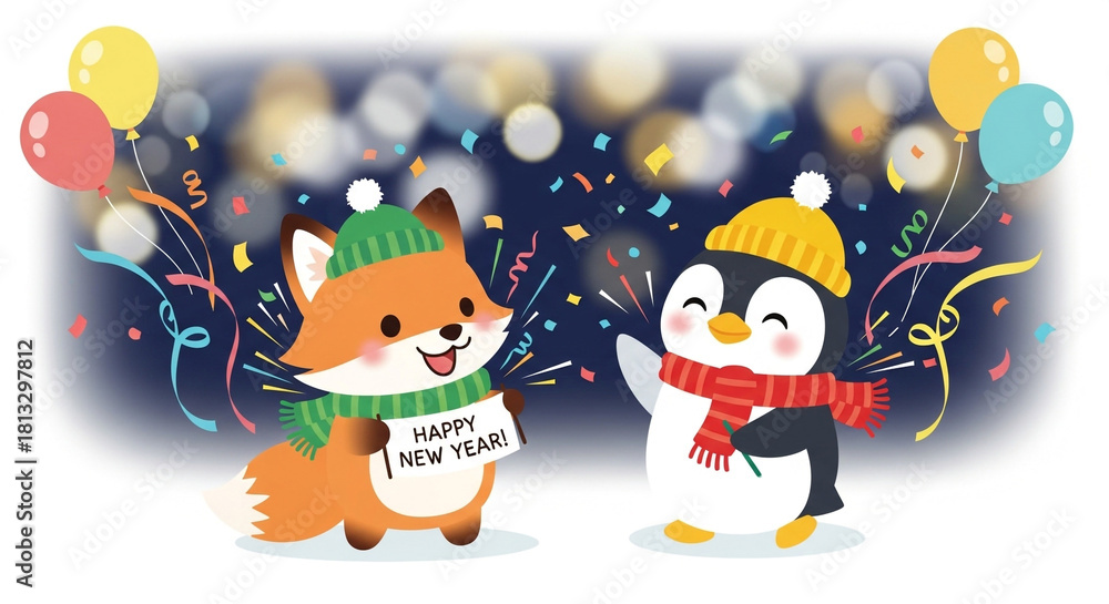 Obraz premium Cute fox and penguin celebrating new year with balloons, confetti, and festive bokeh lights, wearing warm winter hats and scarves