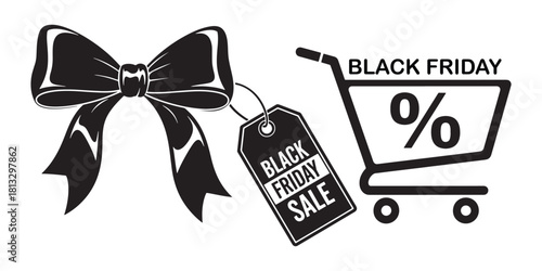 Black friday sale icon with bow and cart