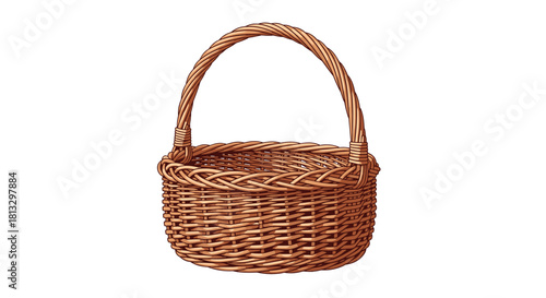 A beautifully woven brown wicker basket with an arched handle, empty and ready for use or decoration on a clean white background.