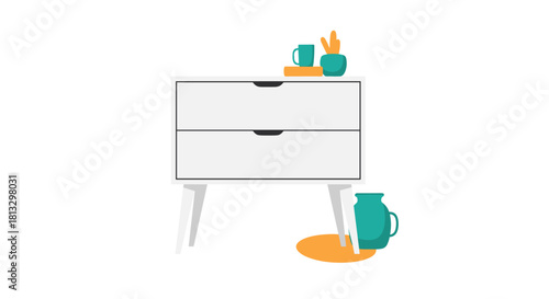 Modern white nightstand with two drawers, decorated with a mug and a plant, next to a spilled liquid on a white background.