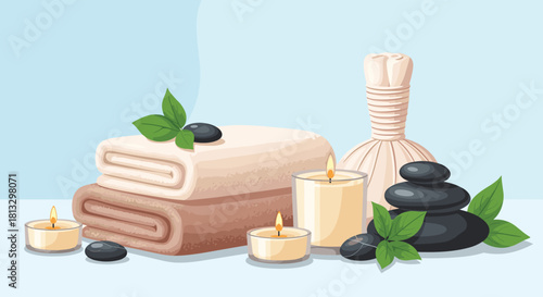 A serene illustration of spa essentials with stacked towels, glowing candles, smooth massage stones, and fresh green leaves on a light blue background.