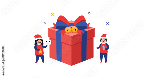 Two cheerful children in Santa hats celebrate Christmas with a large festive gift box adorned with bells and ribbons.