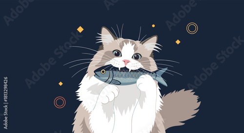 A charming illustration depicts a fluffy cat with wide eyes proudly holding a fish in its mouth against a dark, decorative background.