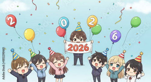 Cheerful anime children celebrating the new year 2026 with colorful balloons, festive confetti, and party hats, expressing joy and excitement for the upcoming year