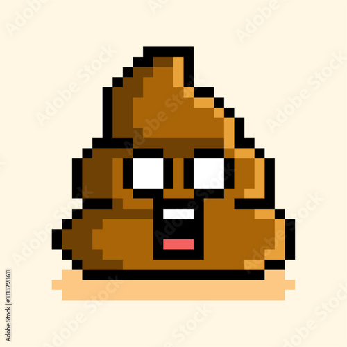 Pixel Poop Emoji. Funny pixel poop emoji character with expressive face in retro video game style for humorous digital graphics