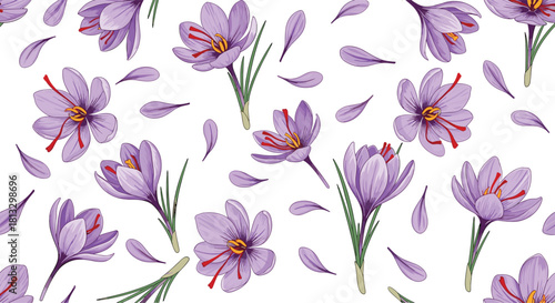 Elegant seamless pattern featuring hand-drawn purple saffron flowers with striking red stigmas and scattered petals on a crisp white background.