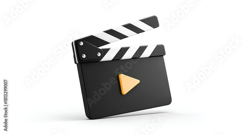 3d movie clapper board with video play icon. Film slate illustration isolated on white background. Stock Illustration