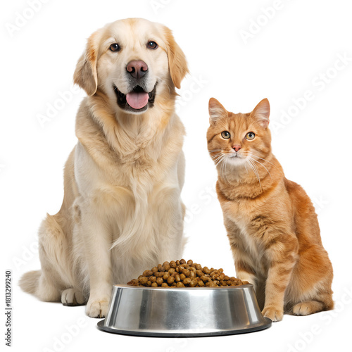 Golden Retriever Dog and Ginger Cat with Pet Food Bowl | Companion Animals Stock Photo