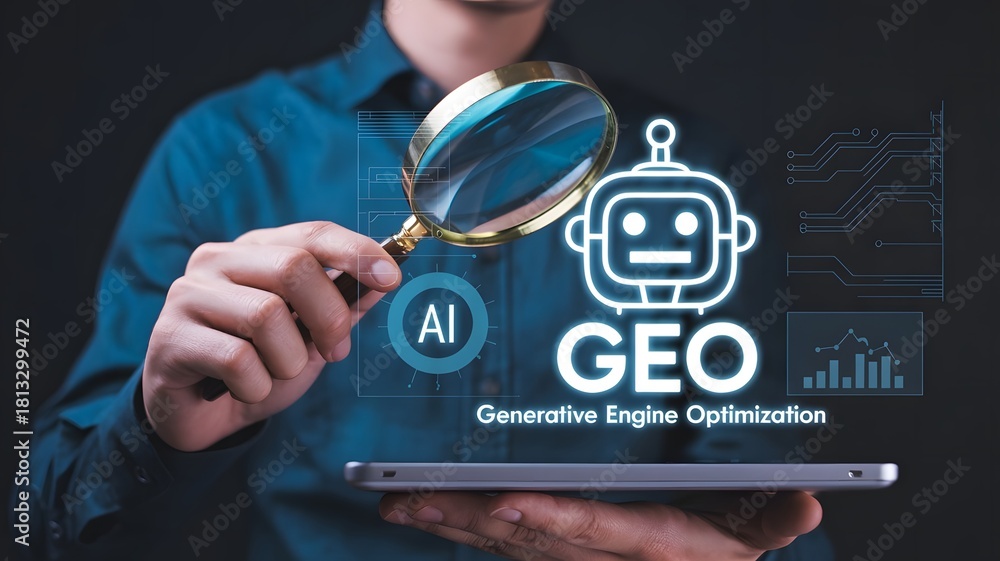 Fototapeta premium Man holding a magnifying glass over a tablet displaying ai geo generative engine optimization concept, symbolizing advanced search and ai technology