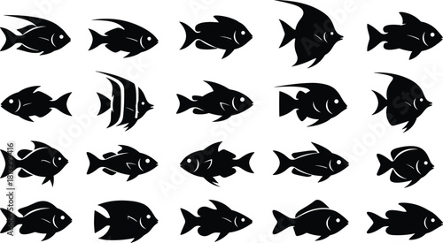 Set of diverse tropical fish and marine life silhouettes, featuring various shapes and species perfect for aquarium, ocean, and wildlife conservation designs, isolated vector icons on white.