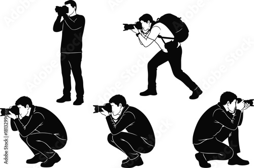 Set of five photographer silhouettes vector illustration capturing men taking photos in various poses, representing photojournalism, hobby, profession, media, and digital camera concepts.