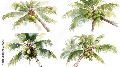 A detailed botanical illustration of coconut palm trees with lush fronds and clusters of green coconuts, showing tropical growth in a natural watercolor style.