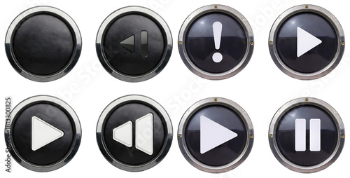 Free Download Variety of Black Play, Pause, Rewind, Skip, and Alert Buttons, isolated on transparent background - GFXLoad