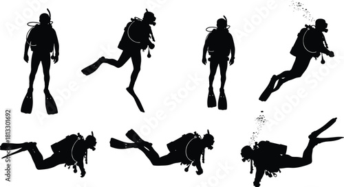 Set of scuba diver silhouettes vector illustration, showcasing snorkel, mask, fins, and oxygen tank equipment in various swimming poses for tourism, adventure, and underwater exploration designs.