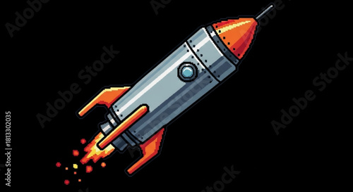 Retro pixel art illustration of a vintage silver and orange rocket ship blasting off with fiery exhaust against a dark background