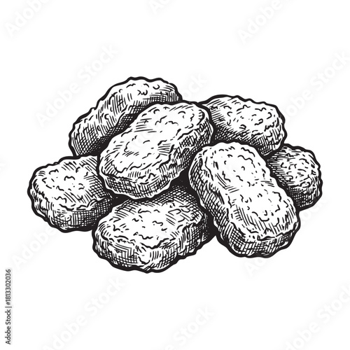 Pile of Fried Chicken Nuggets Snack Engraving Vector Illustration