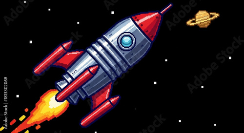 Pixel art illustration of a retro silver and red rocket ship blasting off through the dark starry space near a ringed planet like saturn