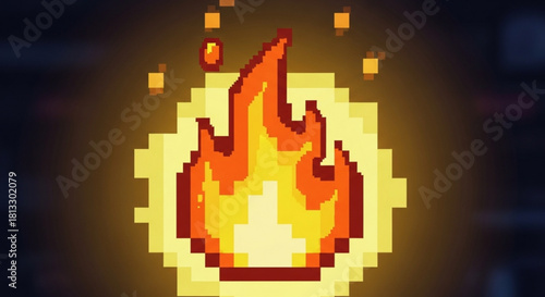 Pixel art icon representing a bright, glowing fire or flame effect, perfect for game interface elements or fantasy themes
