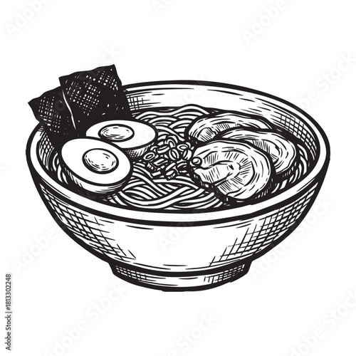 Japanese Ramen Noodle Bowl Food Engraving Vector Illustration