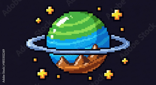 Pixel art illustration of a colorful, striped planet with rings and sparkling stars in a dark cosmic space background, retro game style