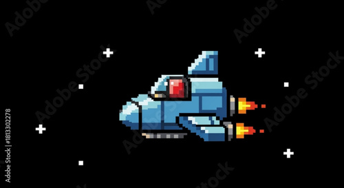 Pixel art spaceship flying through dark space with stars, retro 8bit video game style spacecraft illustration
