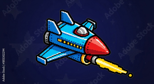 Isometric pixel art illustration of a blue and red cartoon spaceship or rocket firing its engine against a dark blue starry background, retro arcade style