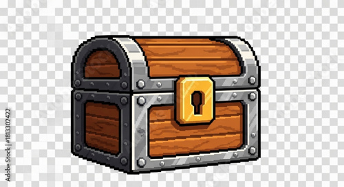 Pixel art illustration of a wooden treasure chest with metal reinforcement and a golden lock, for game asset