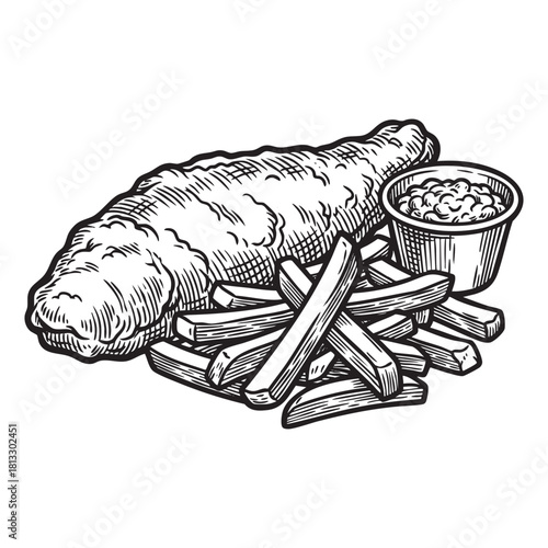 Fried Fish and Chips Tartar Sauce Engraving Vector Illustration