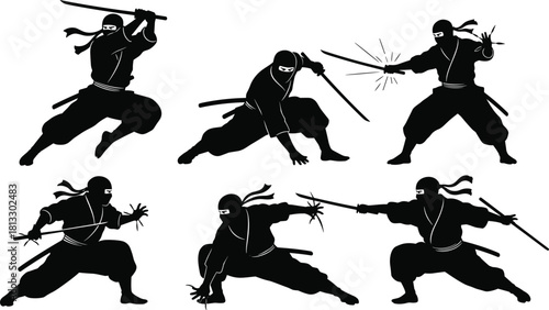 Set of six dynamic ninja warrior vector silhouettes, depicting martial artists in various action poses with katana swords and shurikens for combat, Asian culture, and action game graphics.