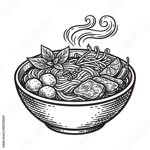 Steaming Bowl of Vietnamese Pho Soup Engraving Vector Illustration