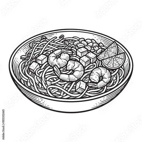 Plate of Shrimp Pad Thai Noodles Engraving Vector Illustration