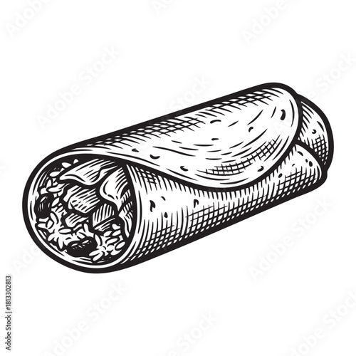 Rolled Mexican Burrito Food Engraving Vector Illustration