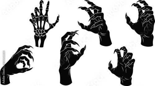 Set of spooky monster hands vector silhouettes, featuring terrifying claws, reaching gestures, and creepy skeleton bones for Halloween, horror, spooky, and gothic design elements.
