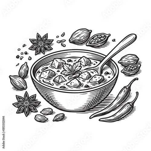 Spicy Meat Curry Bowl with Cardamom Engraving Vector Illustration