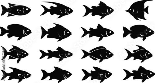 Set of sixteen vector fish silhouettes, featuring diverse ocean and freshwater aquatic animal shapes for seafood menus, fishing logos, marine life, and water nature graphics.