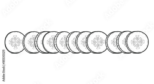 Row of cucumber slices isolated on white background, vegetable food ingredient