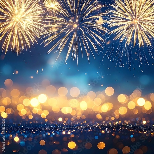 new year's eve night sky with fireworks, soft bokeh in foreground, wide empty space
