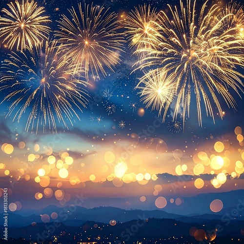 new year's eve night sky with fireworks, soft bokeh in foreground, wide empty space