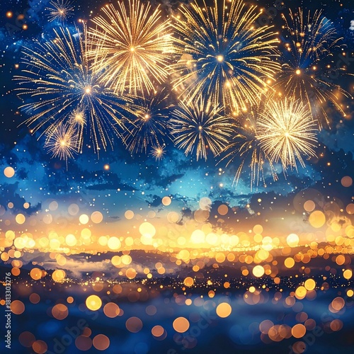 new year's eve night sky with fireworks, soft bokeh in foreground, wide empty space