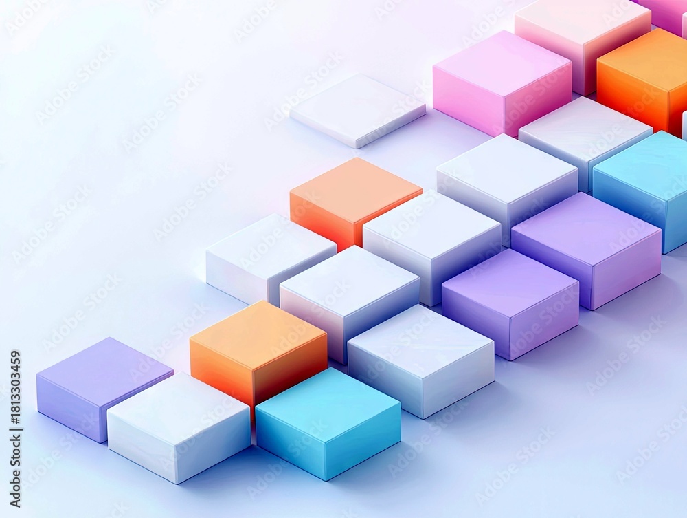 Obraz premium A collection of pastel colored blocks, arranged in a staircase pattern, ascend diagonally across a light blue background.