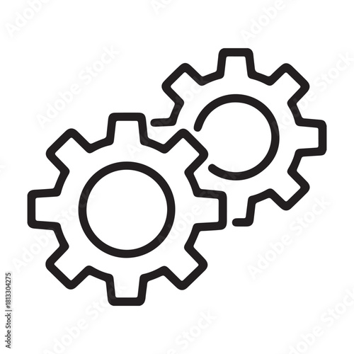 Two interlocking gears in a simple black outline design