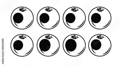 Eight plums in a row, black and white drawing isolated on white background