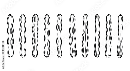 Collection of hand drawn sketch of okra pods isolated on white background