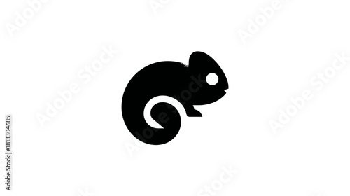 Minimalist black chameleon icon, simple reptile silhouette with curled tail, isolated graphic on white background.