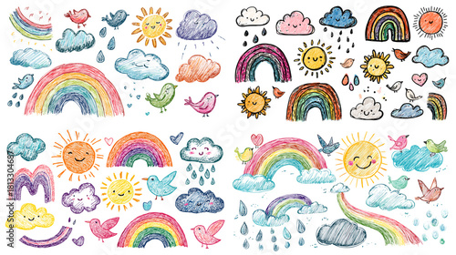 A playful collection of rainbow and weather doodles featuring suns, clouds, birds, raindrops, and colorful childlike drawings in a hand-drawn crayon style.