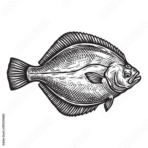 flounder fish Engraving Vector Illustration