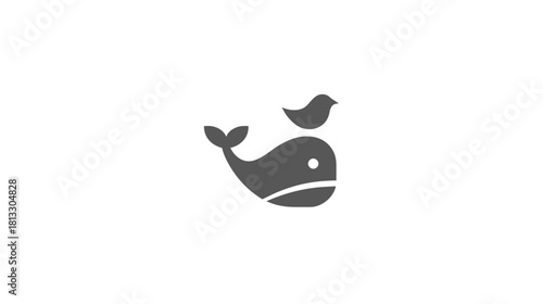 Cute gray whale and bird icon illustration showcasing friendship and harmony, minimalist animal graphic design.