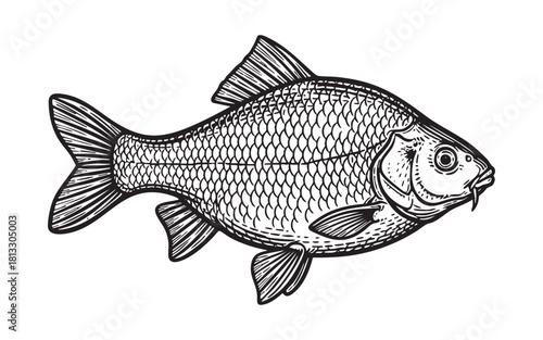 Tench Fish Engraving Vector Illustration